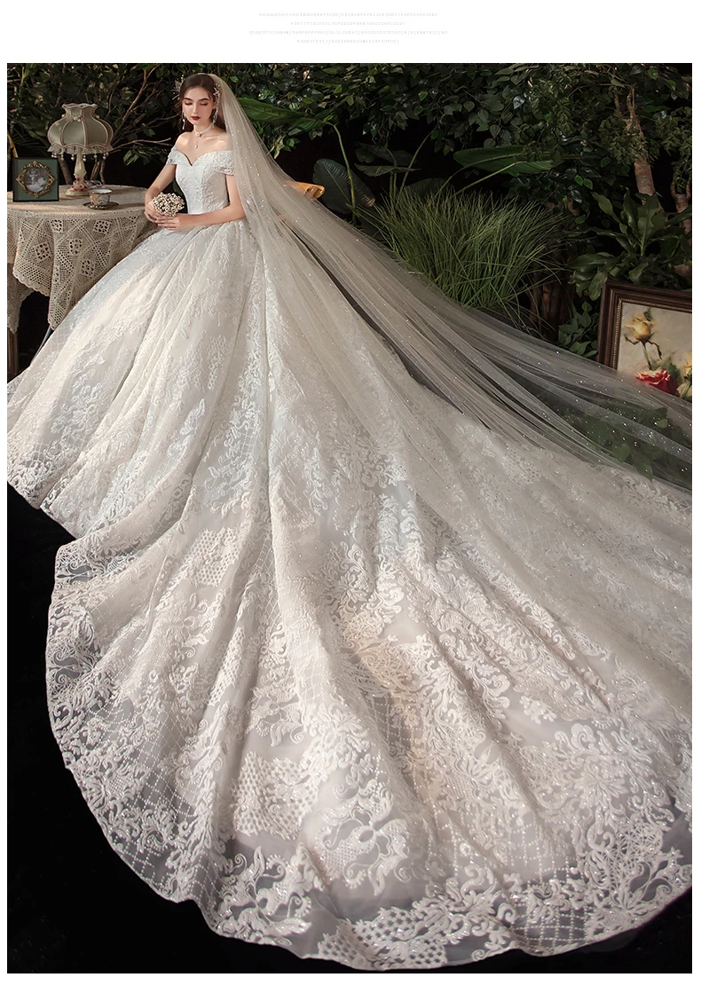 Real Photo Glitter White Luxur Wedding Dresses Long Lace Sequin Royal Train Bride Gowns Princess Church Bridal Dress Custom Made