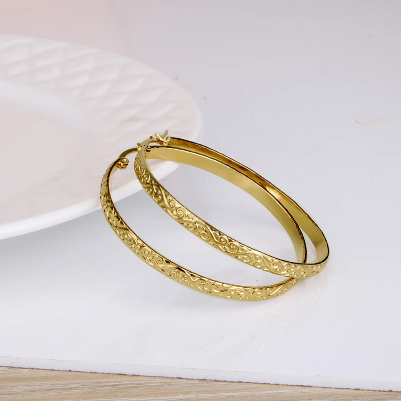 Stainless Steel Round Big  Hoop Earring for Women Gold Color High Quality Wave Patter Nice  Elegant Gifts New Jewelry 2022