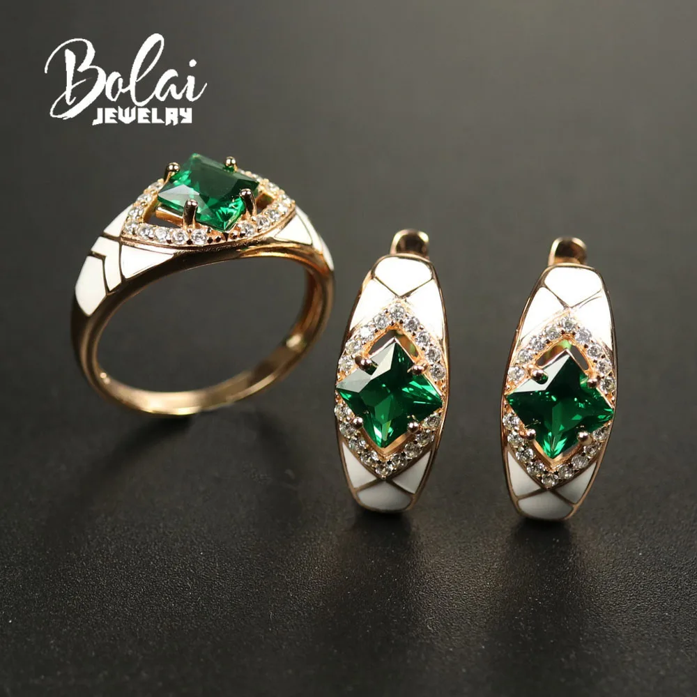 

Bolaijewelry, Jewelry Set Created russia emerald nano sq6.0mm earring ring 925 sterling silver fine jewelry for women best gift