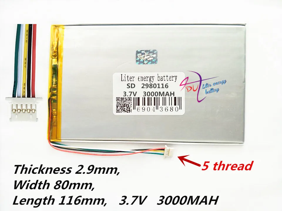 

5 thread Liter energy battery 2980116 3.7V 3000MAH Universal Li-ion battery for tablet pc 7 inch 8 inch 9 inch