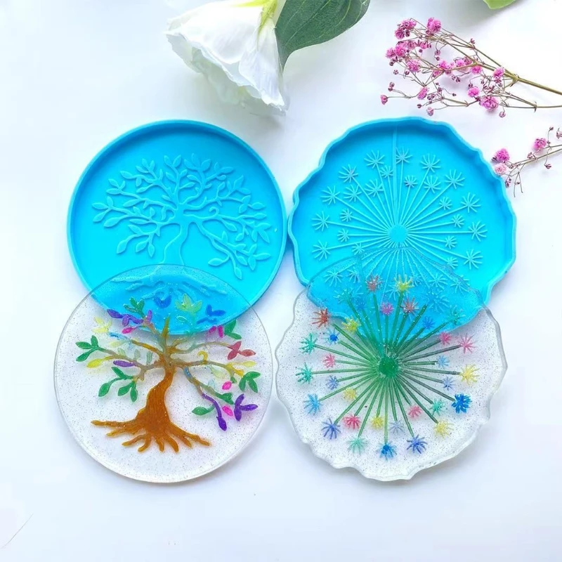 Silicone Mold for Dandelion Tree of Life Mirror Coaster Molds Glossy Silicone Mold for Agate Resin Coasters Cup Mats