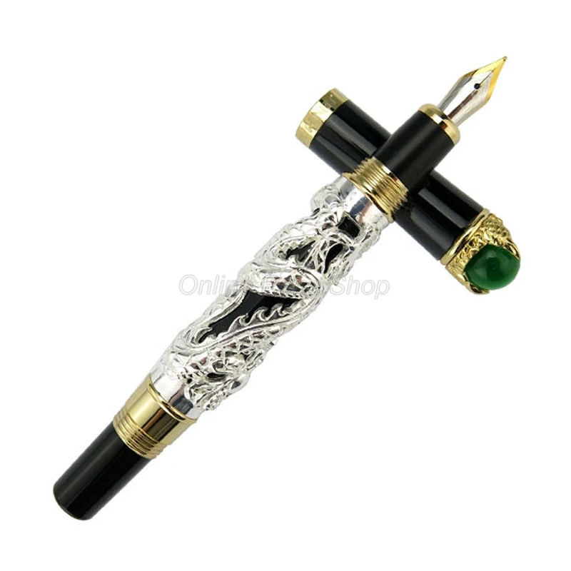 

Jinhao Ancient Dragon King 18KGP M Nib Fountain Pen, Metal Embossing Green Jewelry on Top, Silver Drawing For Stationery Pen