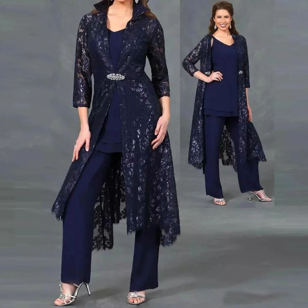 

Navy Blue Mother Of The Bride Dresses Sheath V-neck Chiffon Lace With Jacket Pants Suit Long Groom Mother Dresses For Weddings