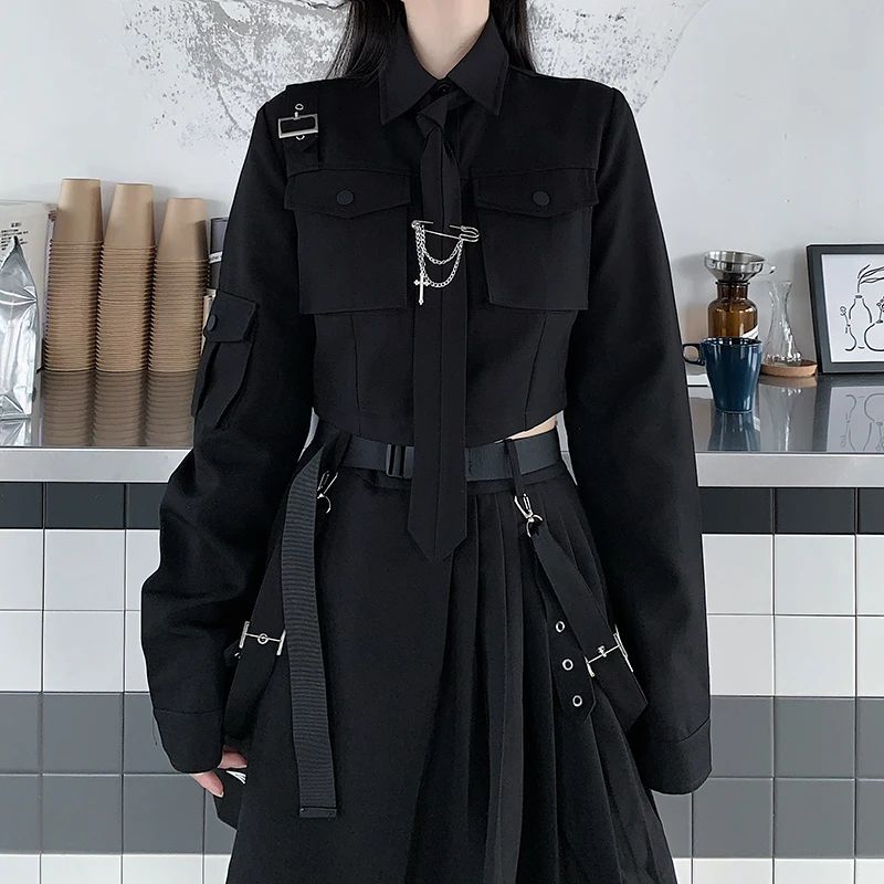 Women Black Skirt Suits Gothic Style Sets Female Long Sleeve Tops and Pleated Skirt Two Piece Set Spring Autumn 2024 Streetwear