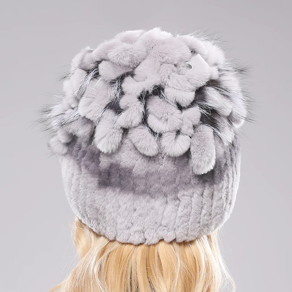 2024 Brand Women Genuine Rex Rabbit Fur Hats Winter Rex Rabbit Fur Beanies Striped Top Flower Fox Fur Warm Real Fur Knit Caps