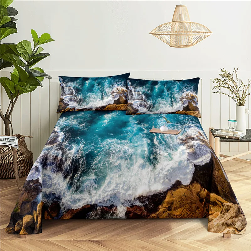 

Beautiful Coastline 0.9/1.2/1.5/1.8/2.0m Digital Printing Polyester Bed Flat Sheet With Pillowcase Print Bedding Set