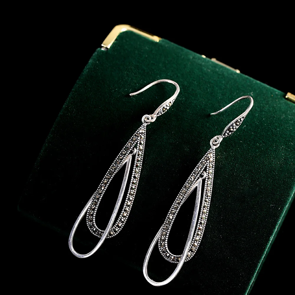 Uglyless Simple Geometric Jewelry for Women Thai Silver 925 Silver Exotic Triangle Brincos  Mysterious Marcasite Vintage Jewelry