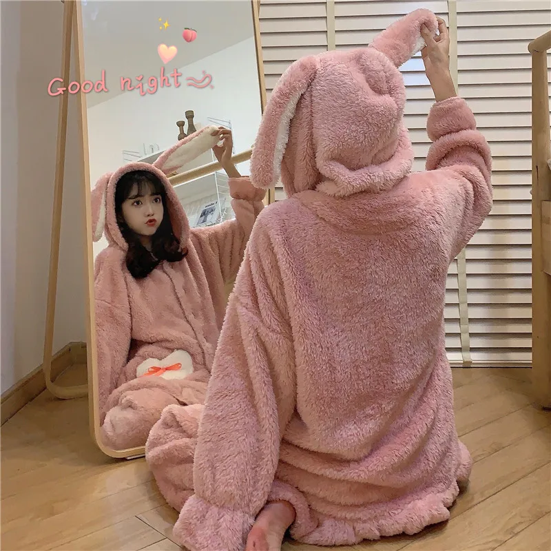 Winter Cute Flannel Pajama Set Women Kawaii Plush Sleepwear Bunny Ear Long Sleeve Fleece Warm Two Piece Sleep Home Lounge Wear