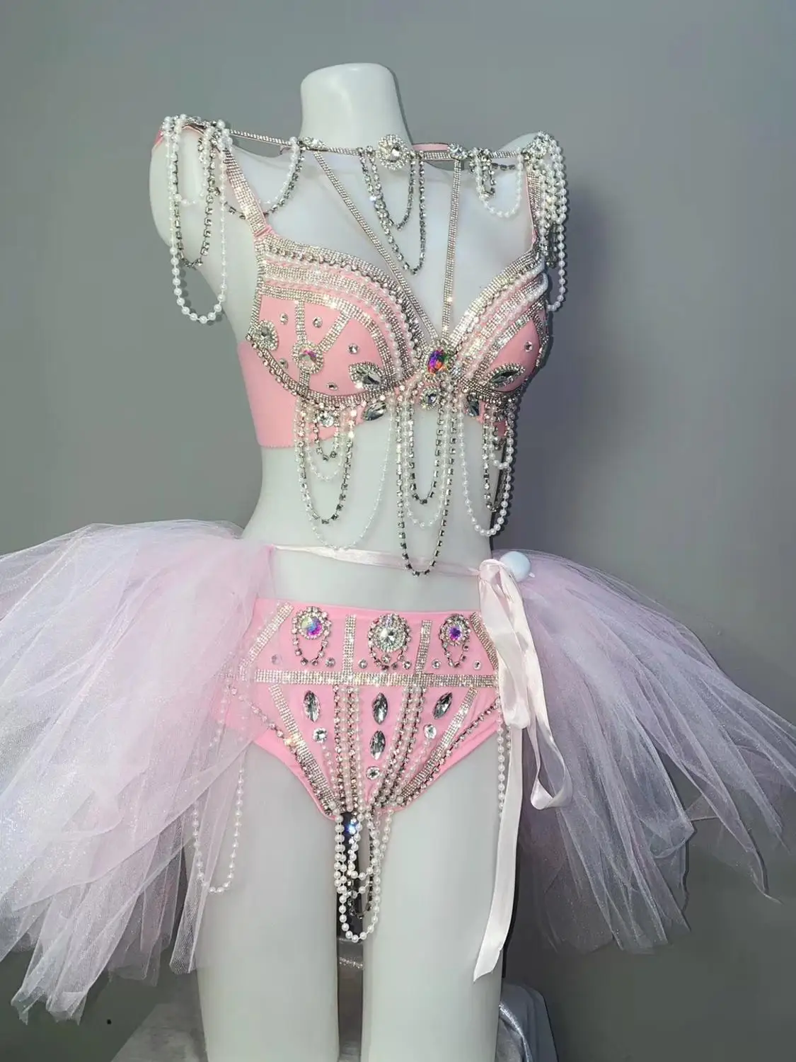 Sexy LED Performance Stage Wear Pink Pearl Rhinestones Bikini Set Nightclub Women DJ Pole Dance Costume Party Models Show Outfit