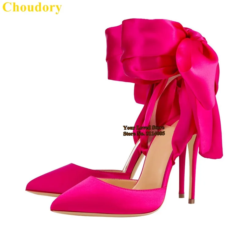 Choudory abito in raso fucsia con nodo a farfalla décolleté con punta a punta nastro con lacci papillon scarpe da sposa taglia 47 pompa in tessuto