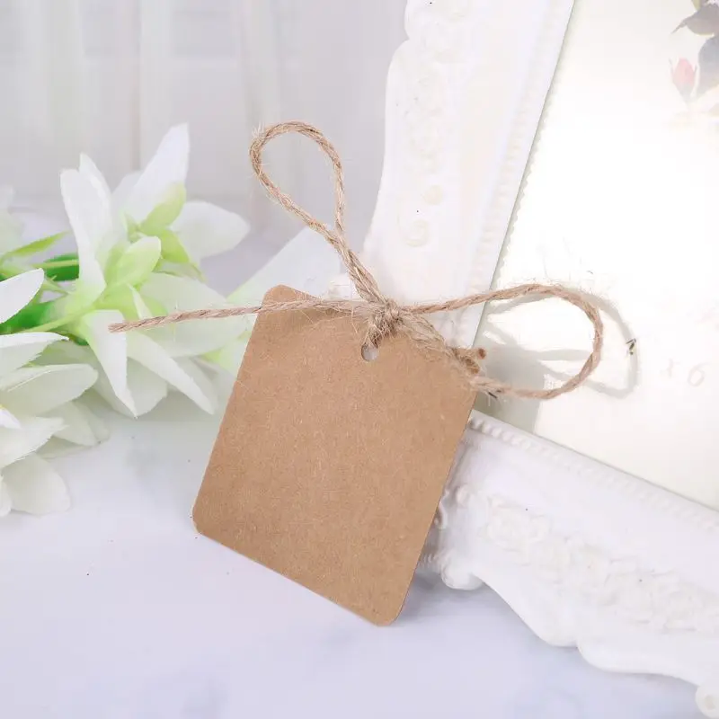 100pcs Blank Square Kraft Paper Gift Hang Tags Wedding Label Price Card Craft with 10m Natural Jute Twine image 3