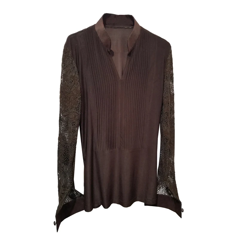 Latin Dance Tops Male Adult Latin Competition Clothes Lace Sleeves V Neck Standard Dance Costume Cha Cha Salsa Shirts DNV15143