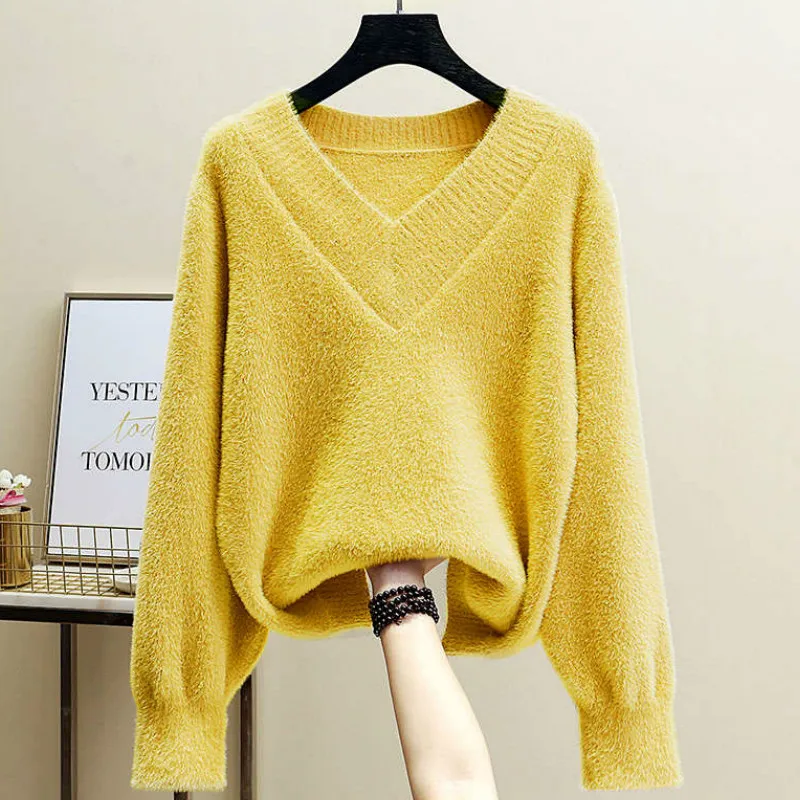 Autumn Winter V-Neck Pull Femme Soft Women Warm Loose Pullover Sweater Women Faux Mink Velvet Sexy Knitted Sweaters