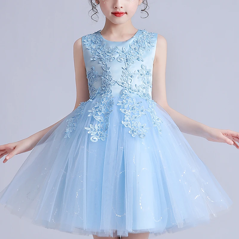 Girl Kid Dress 4-12 Flower Dress Wedding Party Clothing Frock Flower Beading Gown Princess Summer Short Dress Costumes M683