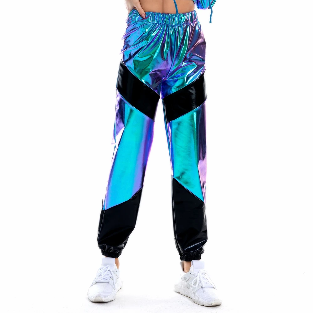 High Waist Women's Reflective Long Pants Loose Fit with Pockets Holographic Patchwork Club Dance Joggers Nice Clubwear
