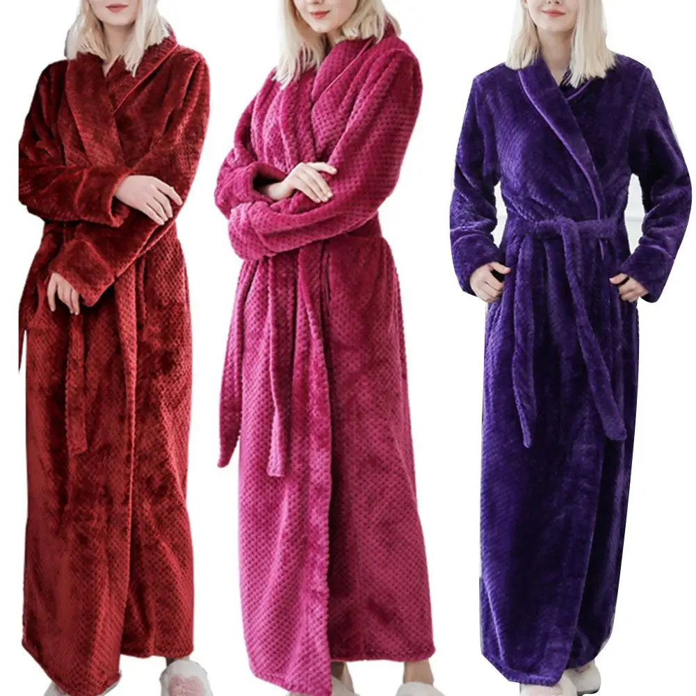 Winter Sleep Bath Robe Women Men Warm Fleece Bath Robes Bathrobe Solid Color Thicken Ankle-Length Bath Robe Night Gown Sleepwear