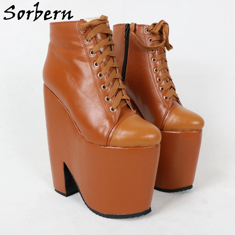 Sorbern Custom Block Heels Ankle Boots For Women Lace Up Short Female Booties Shoes Thick Platform 20Cm High Heels Up To 48