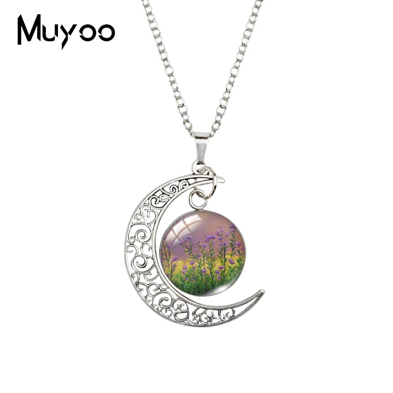 2021 New Lavender Flowers Moon Necklace Pendant Art Painting Glass Cabochon Pendants Jewelry Art Printed Link Chain