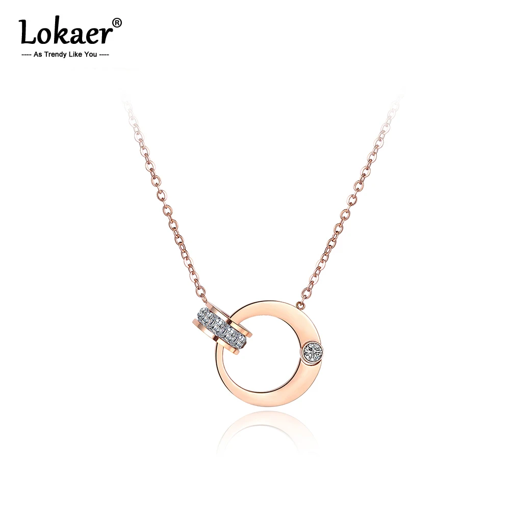 Lokaer Double Circle Cubic Zirconia Chain Link Necklaces Jewelry Stainless Steel Chokers Necklace For Women Free Shipping N18054