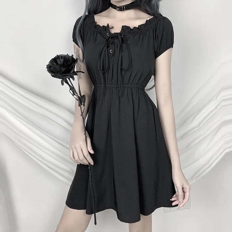 ภาษาฝรั่งเศสคำสไตล์ใหม่เซ็กซี่สีดำชุดโกธิค Retro สูงเอวชุดวิคตอเรีย Kawaii สาว Gothic Lolita Op Loli cos