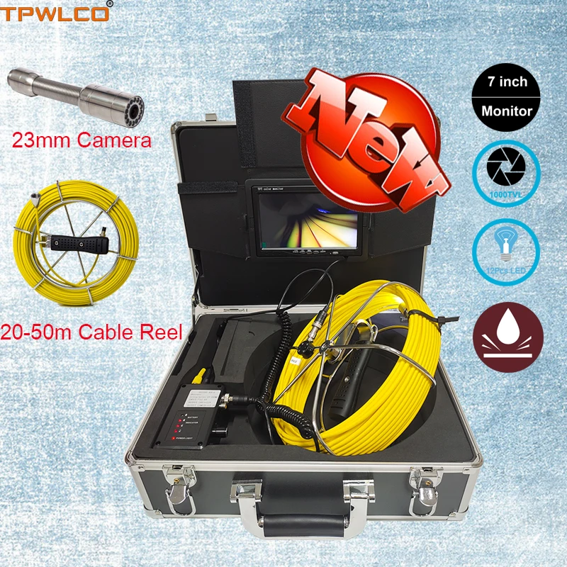 

20-50m Cable 23mm Pipe Inspection Endoscope Camera IP68 Waterproof 7" TFT LCD Color Monitor Pipeline Inspection System