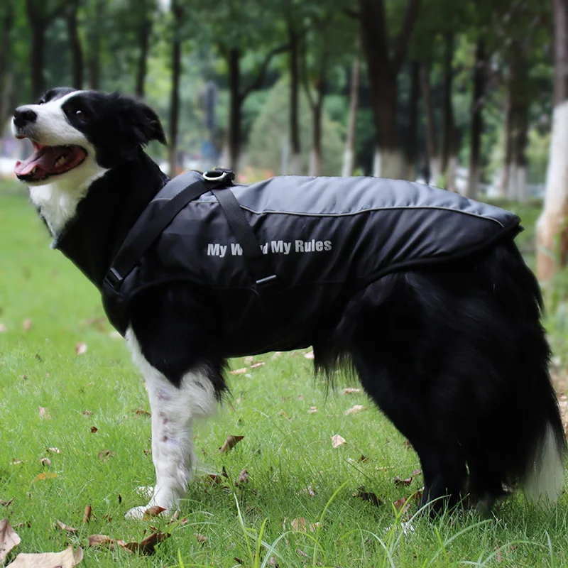 Winter wasserdichter Hundemantel, warme Haustier-Pelzkragenjacke mit abnehmbarem Geschirr, große Hundekleidung, Bulldoggen-Outfit, Labrador-Kostüme – Detail 17