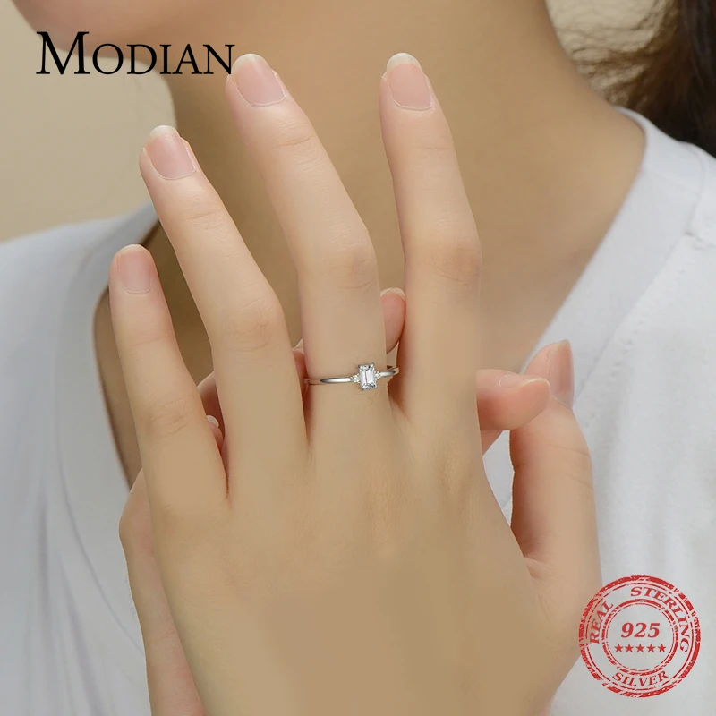 Modian Authentic 925 Sterling Silver Classic Charm Emerald Cut Zirconia Finger Rings For Women Hypoallergenic Wedding Jewelry