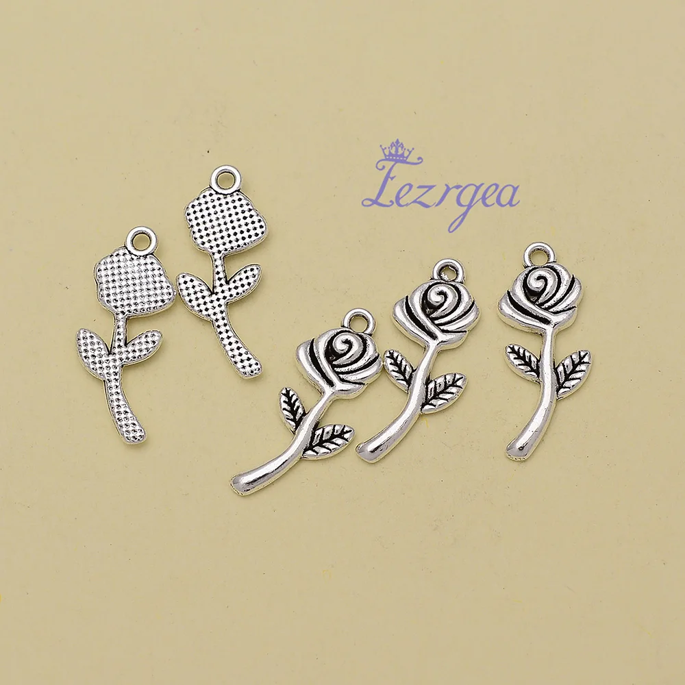 40pcs/Lots 23x10mm Rose Flowers Charms Pendants For DIY Earring Bracelets Necklace Jewelry Making Findings