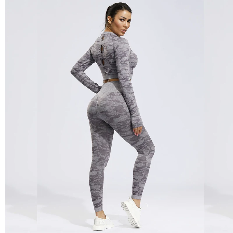 

2 Pcs Sports Suits Set Women Yoga Sets Gym Fitness Athletic Pants Camouflage Leggings Sportswear Leggings Seamless Sports Shirts