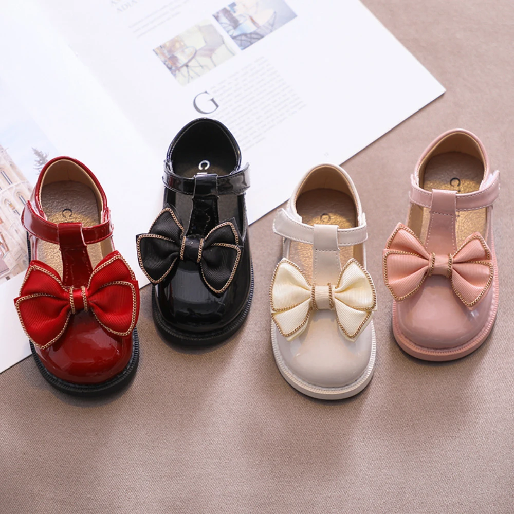 เด็กทารกน่ารักโบว์รองเท้าหนังเด็ก First Birthday Party สีชมพู Loafers สีทึบสีแดง Burgundy คริสต์มาสฮาโลวีน