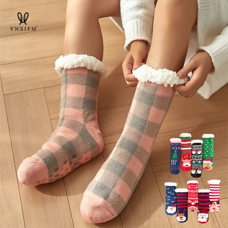 Winter thick non-slip floor socks female elk Christmas gift socks cute cat and fox series new year socks warm soft tube socks