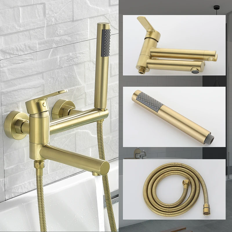 Torneira de Banheira de Parede Ouro Escovado Latão Torneira Misturadora de Água Quente e Fria Chuveiro Portátil Cromo Preto Banheiro