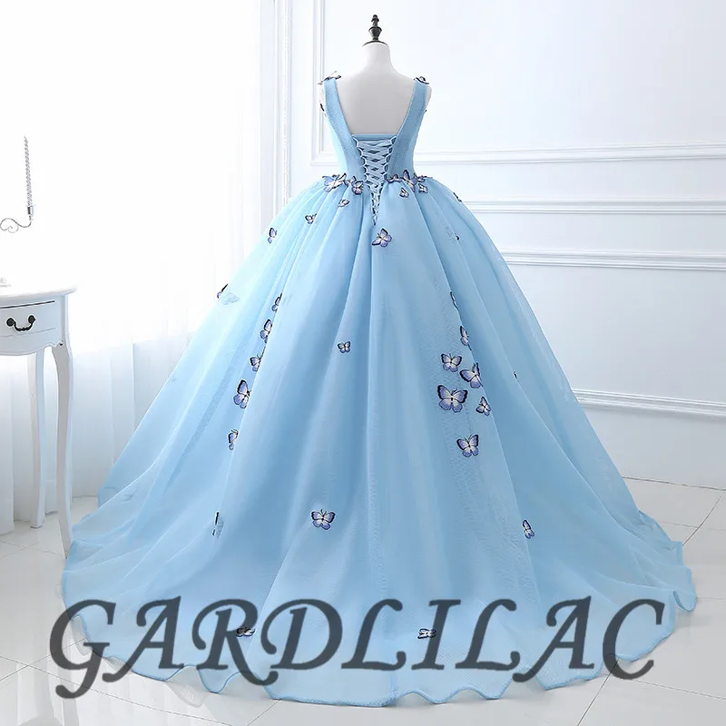 Vestido de baile azul con cuello en V, quinceañera, mariposa 3D, cuentas, largo, Formal, para baile de graduación