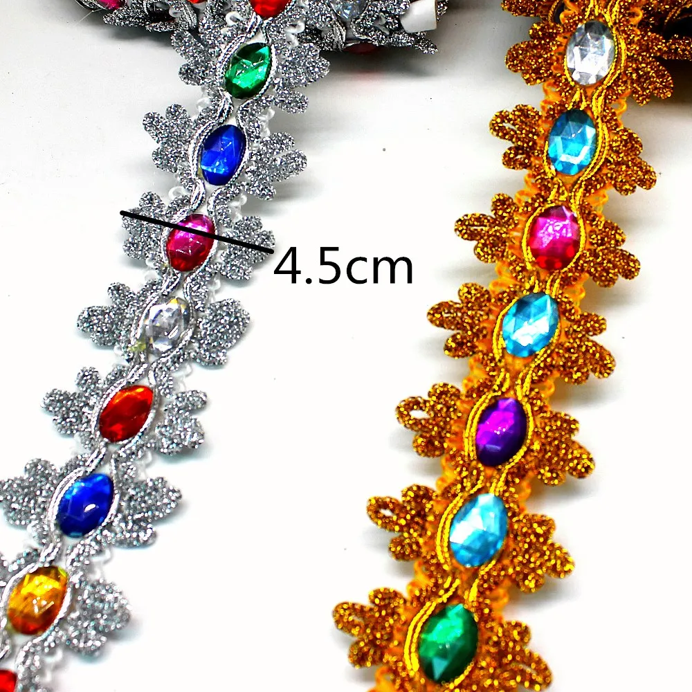 1 Yard Crystal Lace Diamond Appliqued Lace Braided Rhinestone Ribbon 3D Gold Flower Sewing Apparel Trim Handmade 4.5cm Wide