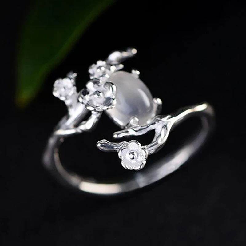 New Silver Original Design Inlaid Moonlight White Chalcedony Plum Opening Adjustable Women's Ring To Send A Friend Gift