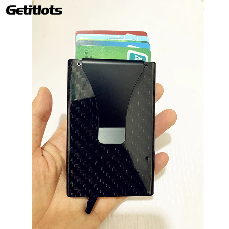 New Real Carbon Fiber POP UP Slim Wallet RFID Blocking Switch Sliding Sleeve Protector Business Card Case Ultra Thin Cardholder