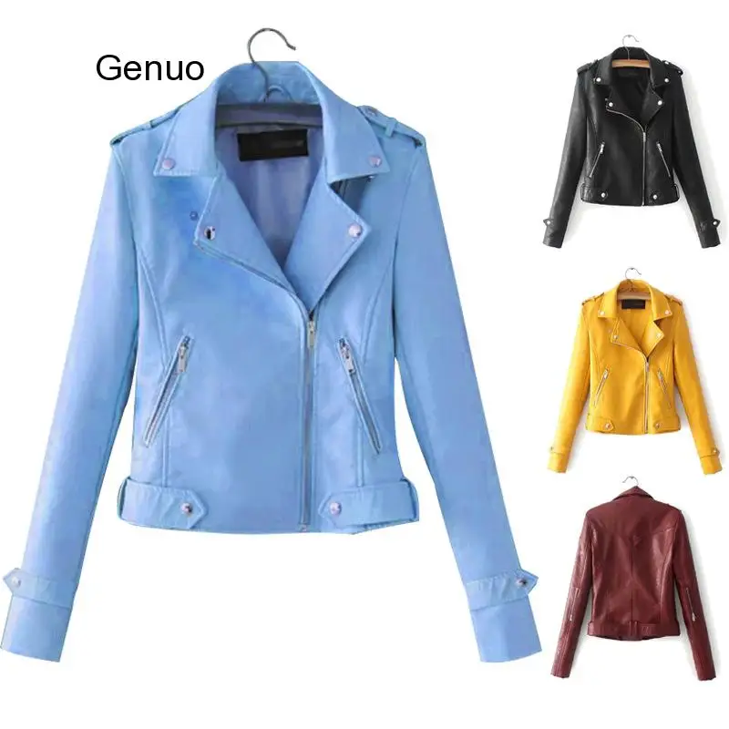 Pu Leather Jacket Women Fashion Bright Colors Black Motorcycle Coat Short Faux Leather Biker Jacket Soft Jacket Female