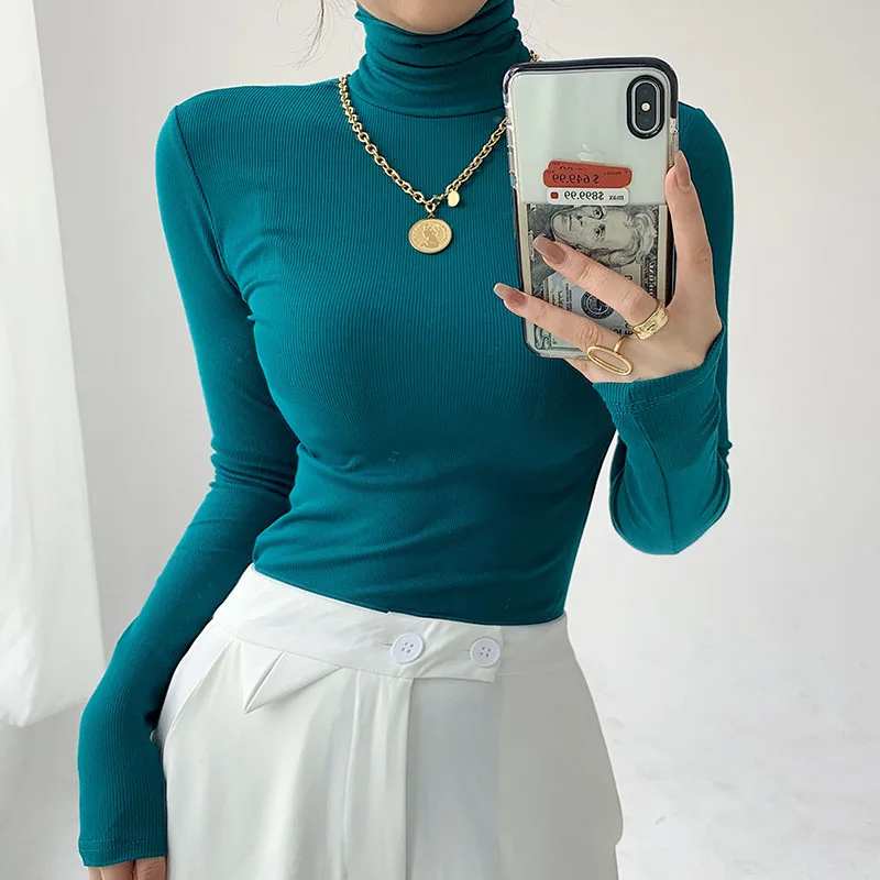 2020 Long Sleeve Thick T Shirt Women Vintage Turtleneck Slim Basic Tshirt Korean Style Streetwear Chic T-shirt Autumn Winter