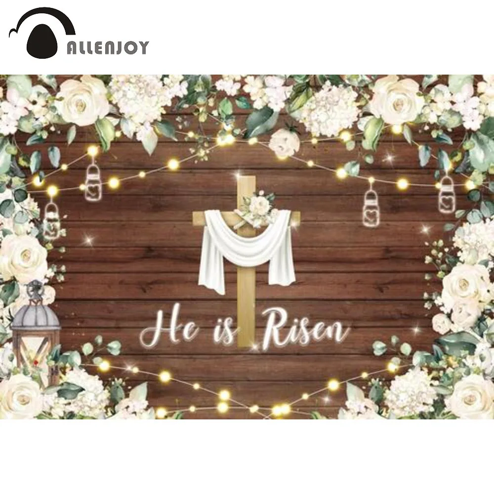 

Allenjoy Happy Easter Day Party Backdrop He is Risen Cross Holy Week Spring Wood Flowers Party Custom Poster Banner Photo Booth