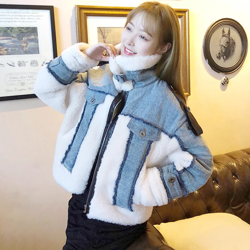 Winter Coat Women Clothes 2020 Sheep Shearing Real Fur Coat 100% Wool Jacket Women Korean Spliced Denim Fur Tops YY2204