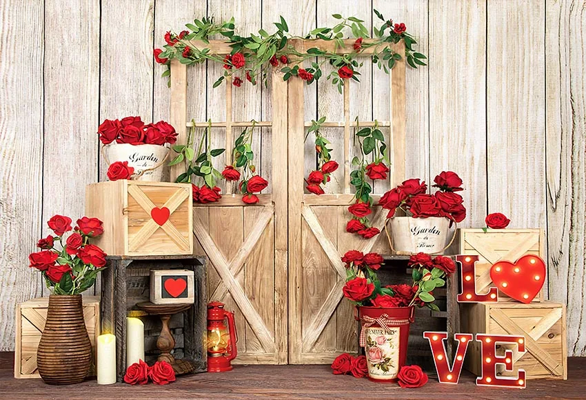 Mehofond-fondo fotográfico con diseño de rosa roja para estudio fotográfico, telón de fondo con diseño de flor y jardín, puerta de madera, pared, amor, Día de San Valentín, retrato