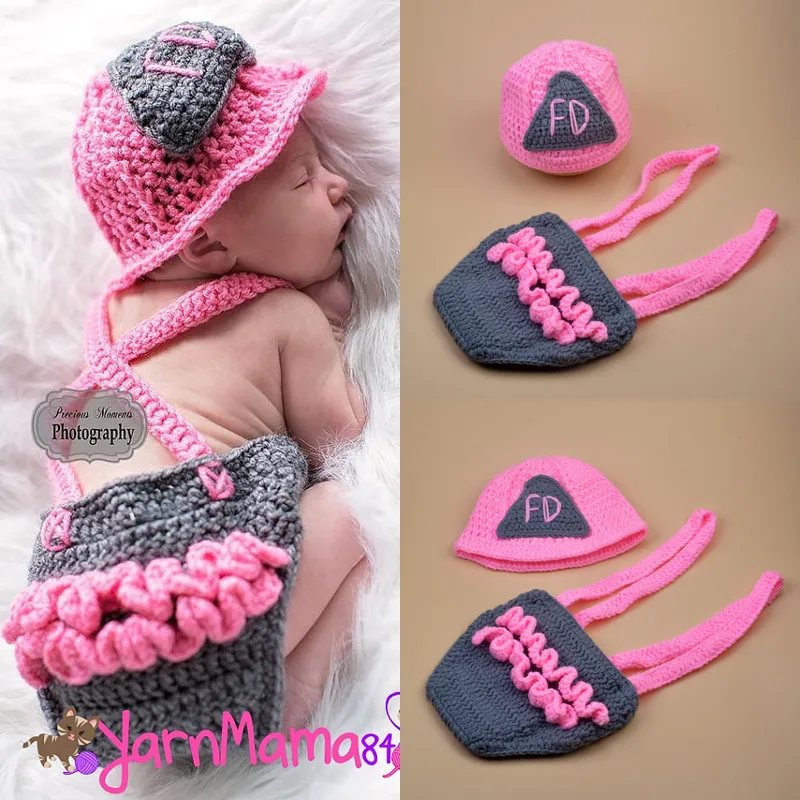 

Attractive Newborn Meaningful Photo Clothing Knitted Pink Fireman Photo Suit Female Baby Photograph Set Infant Shooting Props