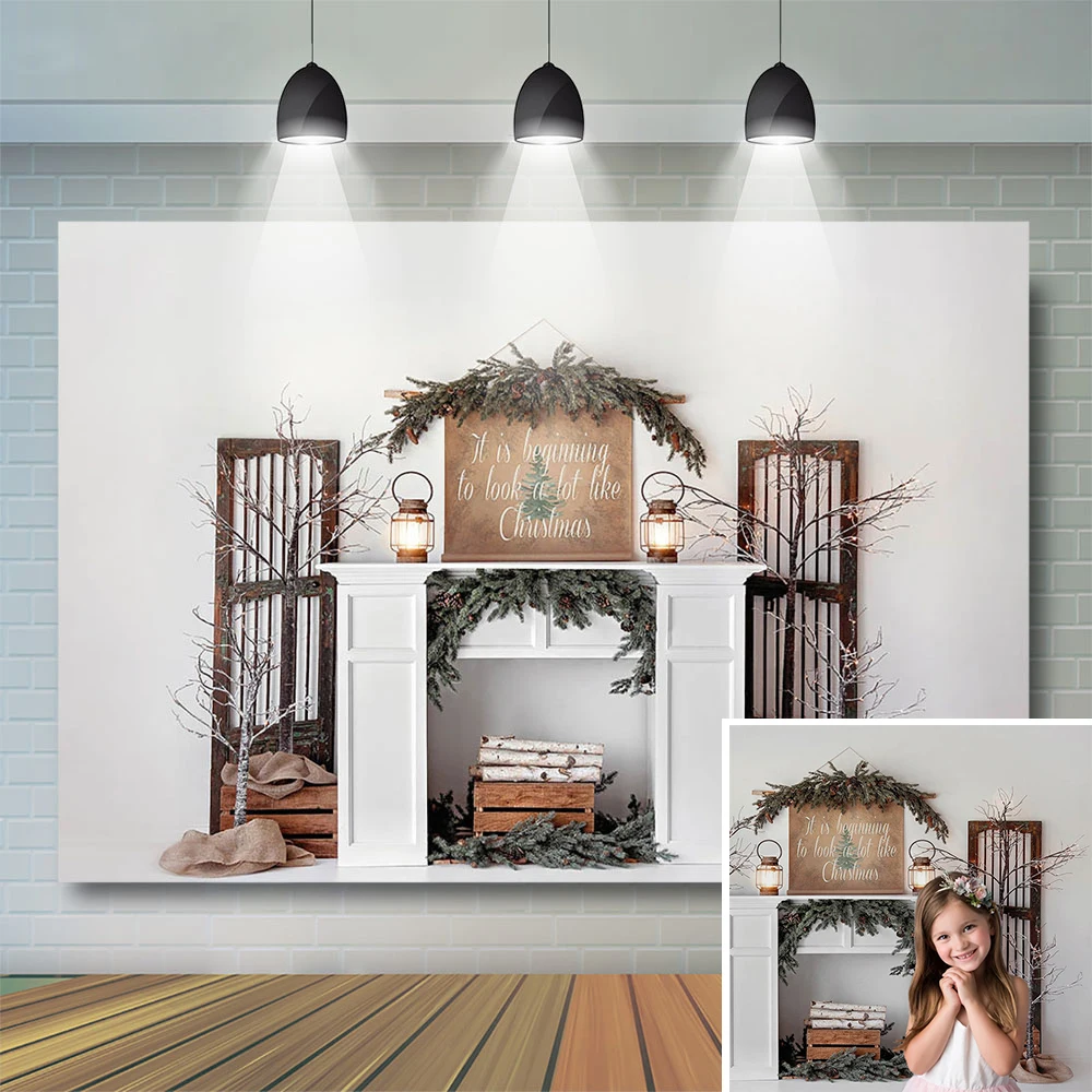 Wooden Door Fireplace Photography Background Christmas Decoration Retro Vintage Wreath White Wall Backdrops for Photo Studio