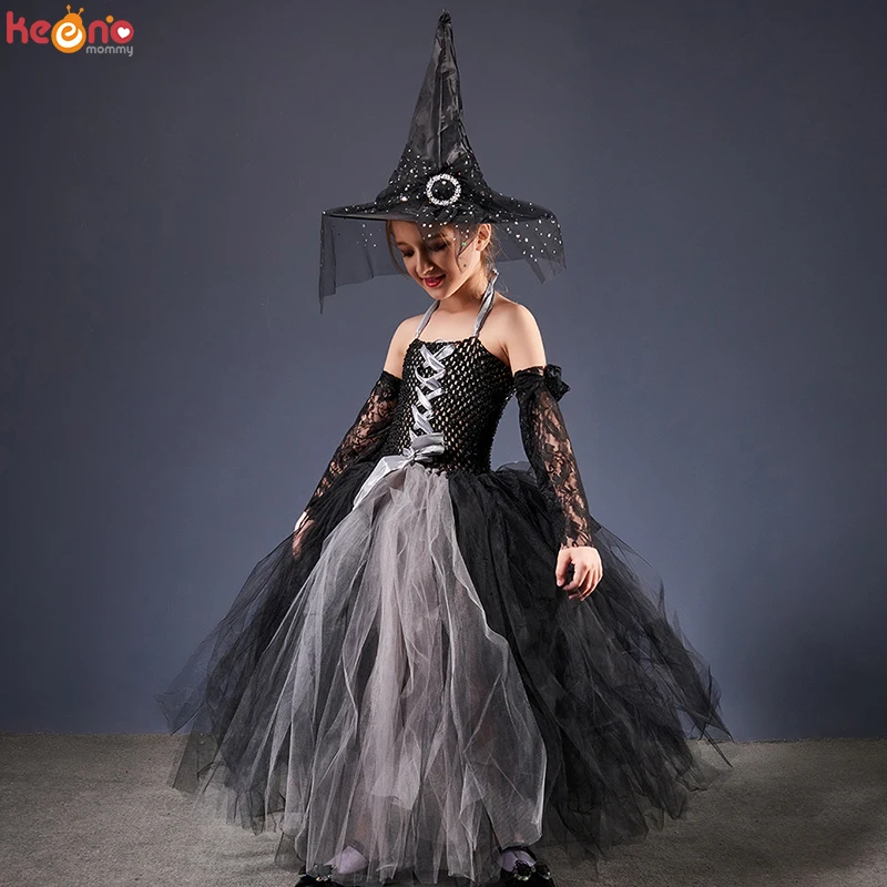 Girls Gothic Halloween Ghost Witch Costume Flare Sleeve Kids Gown Robe Tutu Dress with Witch Hat for Purim Carnival Party