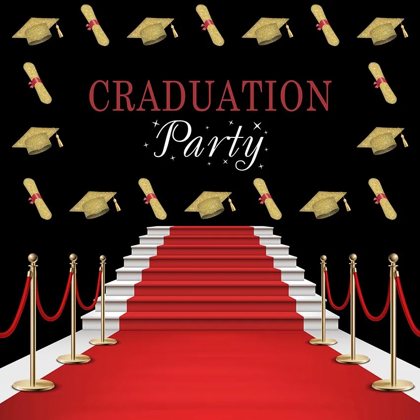 8x8FT Beautiful Red Carpet Stair Graduation Party Gold Cap Certificate Custom Photo Studio Background Backdrop Vinyl 10x10 10x12