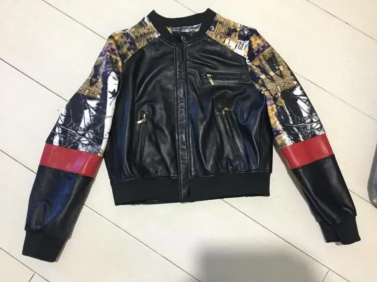 Genuine leather jackets female sheepskin patchwork printed baseball uniform round neck casual short leather jacket coat F1434