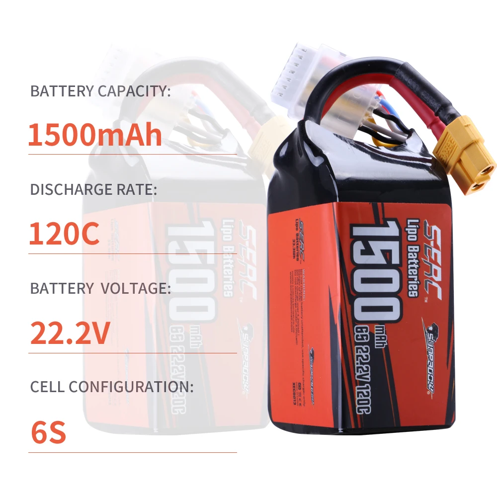 Sunpadow 22.2V 6S Lipo Battery for 1500mAh 120C XT60 Plug with RC Hobby 2pcs