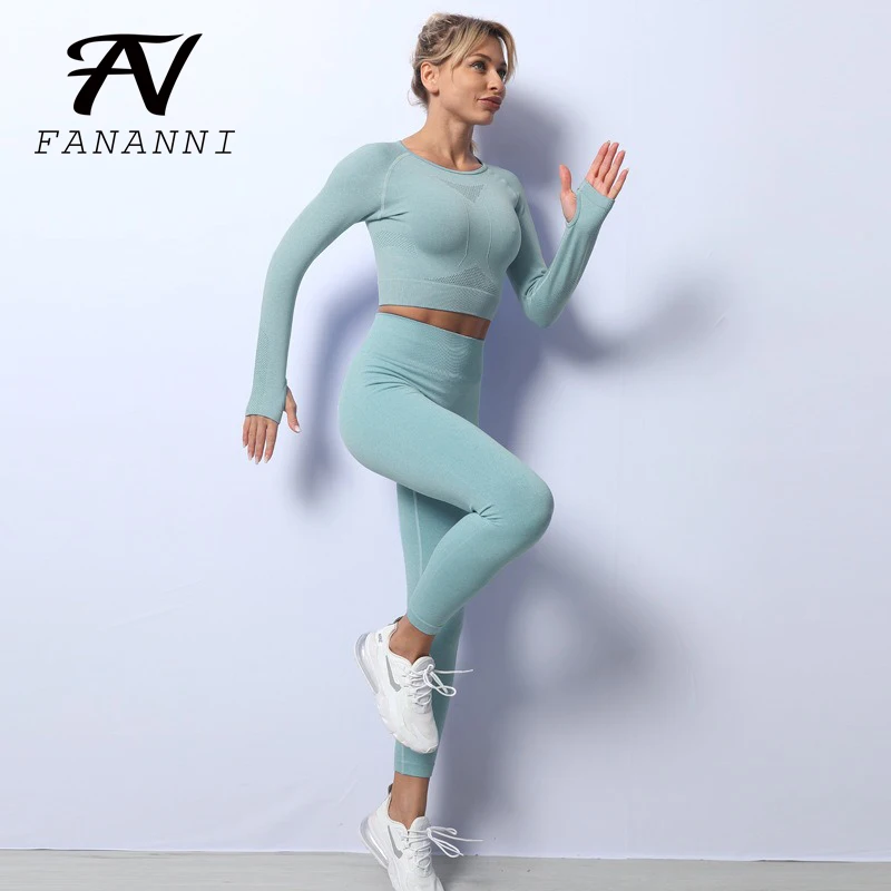 

FANANNI 2021 Autumn And Winter New Ins Yoga Clothing Suit Women'S Seamless Knitted Fitness Two-Piece Suit