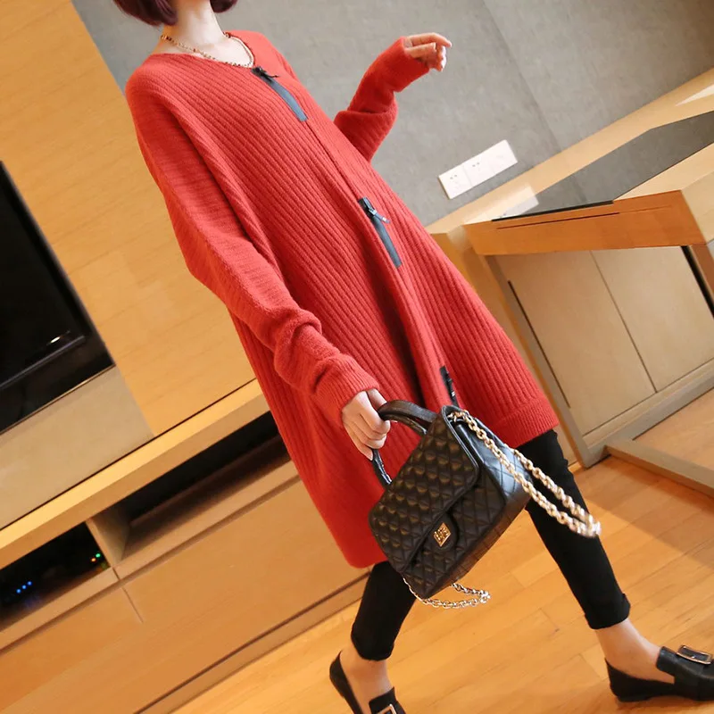 2019 female new autumn and winter berif Korean style long dress with  V-neck loose sweater