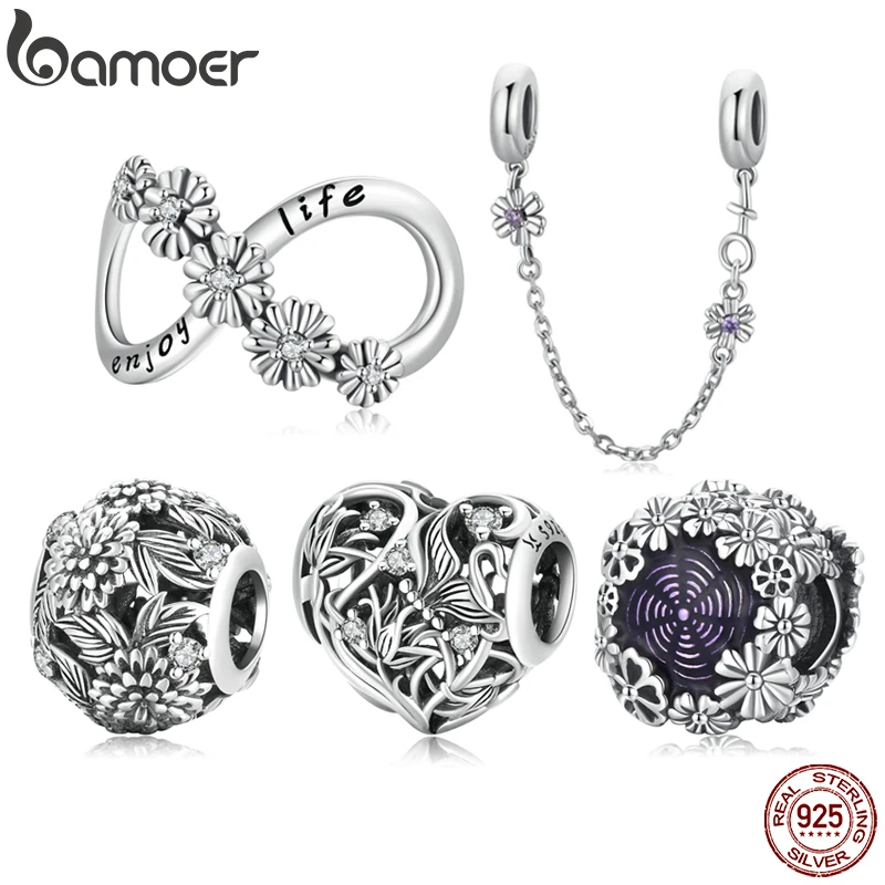 Bamoer Retro Flowers Charms 925 Sterling Silver Vintage Flower Safety Chain for Women Orginal Bracelet or Bangle Fine Jewelry